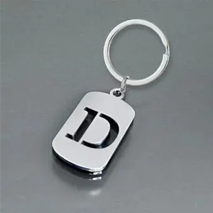 Detailed view of a stainless steel keychain featuring a stylish letter D cutout design