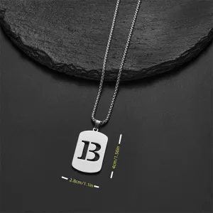 Detailed close-up of a stainless steel letter B cutout tag pendant with size dimensions