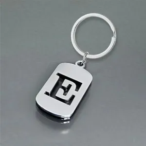 Minimalist stainless steel letter E keychain with a polished silver-tone finish for bags