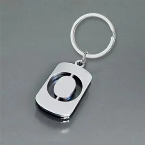 Detailed macro view of a polished stainless steel keychain featuring a hollow letter O design.
