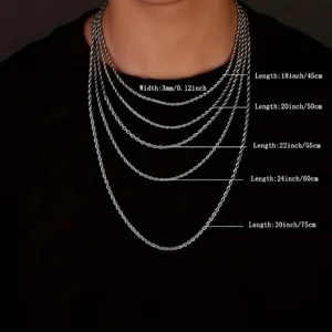 Guía de tallas de collar de cordón plateado con longitudes de 45 a 75 cm en el modelo