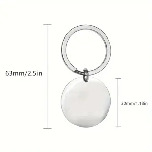 Minimalist stainless steel circular keychain showing total length 63mm and 30mm tag