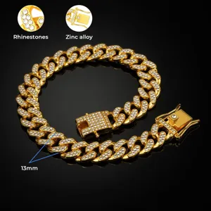 13mm vergoldetes Cuban-Link-Halsband für Haustiere aus Zinklegierung mit Strass