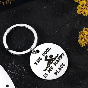 Stainless steel round keychain with 'The Pool is My Happy Place' swimmer engraving