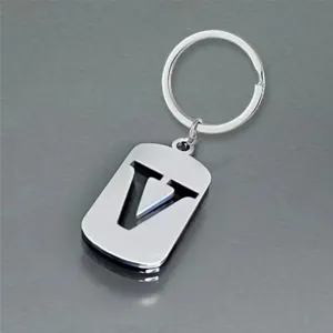 Detailed macro view of a polished stainless steel keychain featuring a cut-out letter V design