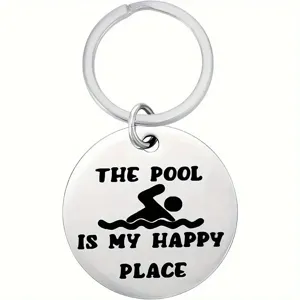 Stainless Steel Keychain The Pool Is My Happy Place Swimmer Charm Key Ring Modern Graduation Gift For Women Men Car Key Accessory