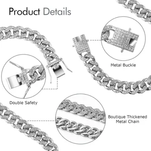 Silbernes Iced-Out Cuban Link Haustierhalsband mit Sicherheitsverschluss aus Metall