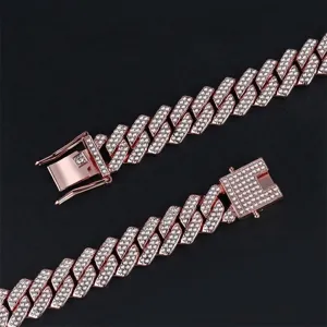 Iced out rose gold Cuban link necklace with rhinestone rhombus links for hip hop jewelry