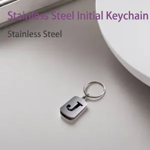 Stainless Steel Alphabet Keychain Hollow Initial Letter Rectangular Metal Tag Silver Tone Backpack Car Key Ring Pendant Accessories