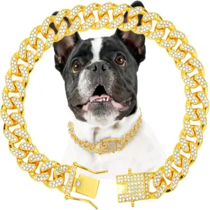 Lujoso collar de perro con eslabones cubanos dorados de 12mm y diamantes para perros medianos