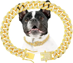 Shiny 12mm rhinestone Cuban link pet collar for small to medium dogs and cats in gold