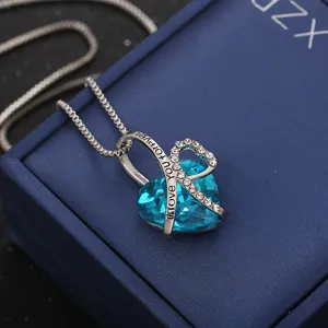 Elegant blue heart-shaped crystal necklace with I love you forever engraved pendant