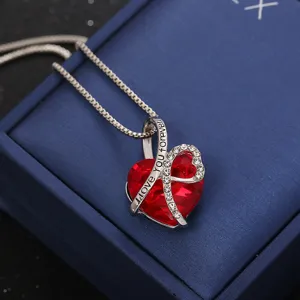 Elegant red heart crystal necklace with 'I love you forever' engraving in gift box