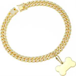 Luxurious Pet Cuban Link Chain Collar Alloy Rhinestone Inlaid Dog Cat Necklace With Bone Heart Pendant Pet Jewelry Accessories