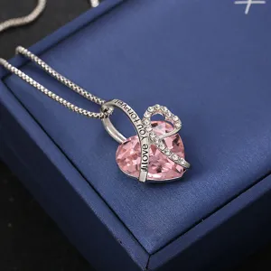 Elegant heart pendant necklace with pink crystal and 'I love you forever' engraving