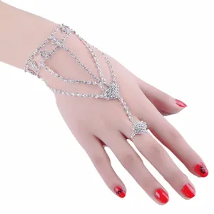 Elegant bridal rhinestone hand chain bracelet with ring for wedding accessories