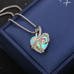 Heart-shaped iridescent crystal necklace with I love you forever engraving on silver chain