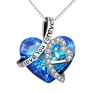 Elegant blue heart crystal necklace featuring 'I love you forever' engraving on silver ribbon