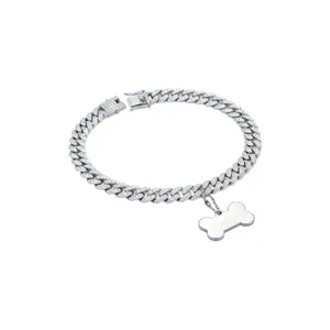 Iced out rhinestone Cuban link pet collar with polished silver bone pendant for cats and dogs