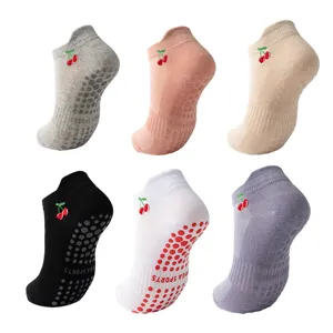 Women's Non-Slip Yoga Socks Cotton Blend Pilates Socks With Cherry Embroidery Summer Thin Breathable Sport Floor Socks