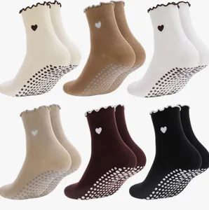 Women's Non-Slip Yoga Socks Mid Calf Pilates Fitness Socks With Heart Embroidery Ruffle Edge Breathable Cotton Blend Socks