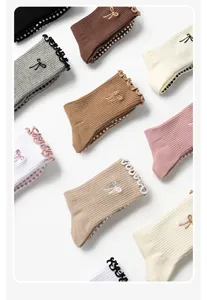 Anti-slip yoga socks with cute bow embroidery and silicone grip soles in multi colors