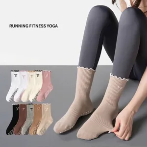 Women's Anti-Slip Yoga Socks Mid-Calf Combed Cotton Pilates Fitness Socks With Bow Embroidery And Lettuce Edge