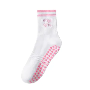Calze yoga bianche con ricamo a cuore rosa e suola antiscivolo per Pilates e fitness