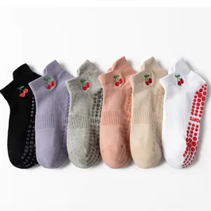 Set of non-slip Pilates yoga socks with cherry embroidery in various pastel colors