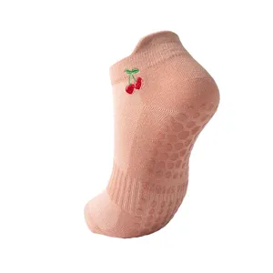 Breathable non-slip women's pilates yoga socks with cherry embroidery for gym fitness