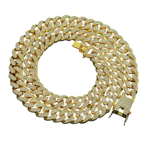 Collana a catena cubana Miami da uomo stile hip hop placcata in oro con strass lucidi