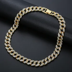 Collier Bracelet Hip Hop Iced Out Chaîne Cubaine Alliage de Zinc Strass Bijoux Rapper Homme Femme Plaqué Or Argent