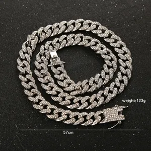 Iced out silver rhinestone Cuban link necklace for hip-hop style, 57cm long and 123g weight
