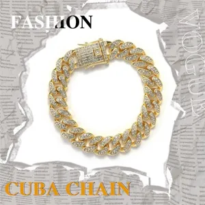 Luxury iced out gold Cuban link chain for men featuring sparkly rhinestones hip-hop style