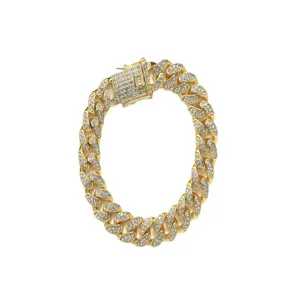 Bold men's gold hip-hop Cuban link necklace with iced-out rhinestone sparkling inlay
