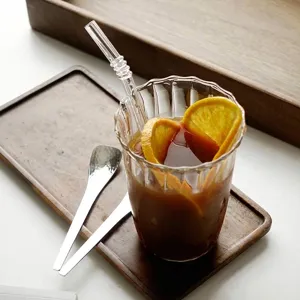Tazza in Vetro Borosilicato Texture a Costine Bordo Ondulato Trasparente Bicchiere per Caffè Succo Con Cannuccia Casa Ufficio