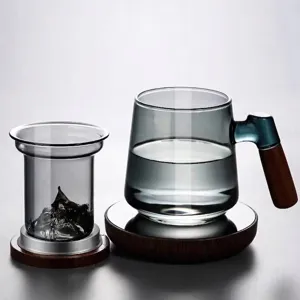 Heat Resistant High Borosilicate Glass Tea Infuser Mug With Wood Lid Handle Tea Water Separation Personal Office Water Cup