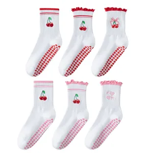 Calzini da Yoga Antiscivolo da Donna Pilates Fitness Calzini a Costine Misto Cotone Fiocco Carino Antisudore Calzini Sportivi Atletici