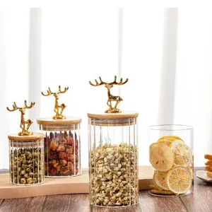 Ensemble de bocaux de stockage en verre rayé nordique avec couvercles en bambou et cerf