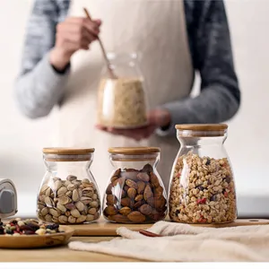 Bocal de Conservation en Verre Borosilicaté Transparent Avec Couvercle Hermétique en Bambou Récipient Alimentaire Trapézoïdal
