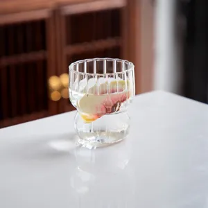 Elegant ribbed high borosilicate glass cup with stylish fat shape for coffee and water