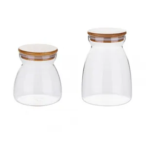 Bocaux en verre borosilicate avec couvercles en bambou hermétiques trapézoïdaux