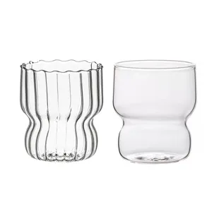 Minimalist high borosilicate glass cups featuring striped and smooth puffy designs