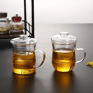 Heat-resistant borosilicate glass tea mugs with infusers and lids, two style set