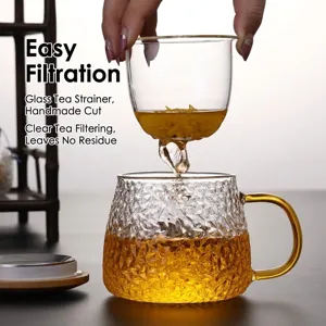 Borosilicate hammered glass tea infuser cup set with wooden lid and amber handle
