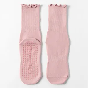 Rosa Yoga-Socken mit Rüschenbund und rutschfesten PVC-Noppen für Damen