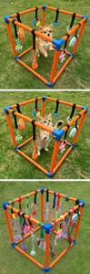 Set telaio da gioco in PVC per animali con giocattoli da masticare su erba