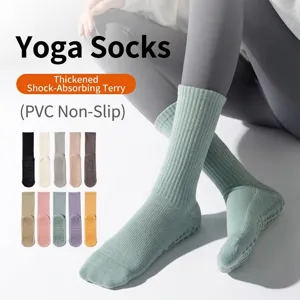 Women Thickened Terry Yoga Socks 90% Cotton Non-Slip PVC Dots Pilates Fitness Sport Mid-Calf Socks Solid Color Warm Breathable