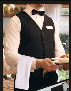 Professional white cotton hand towel draped on waiter's arm in restaurant setting