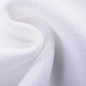 Macro detail of soft white microfiber towel texture with high absorbency folds.